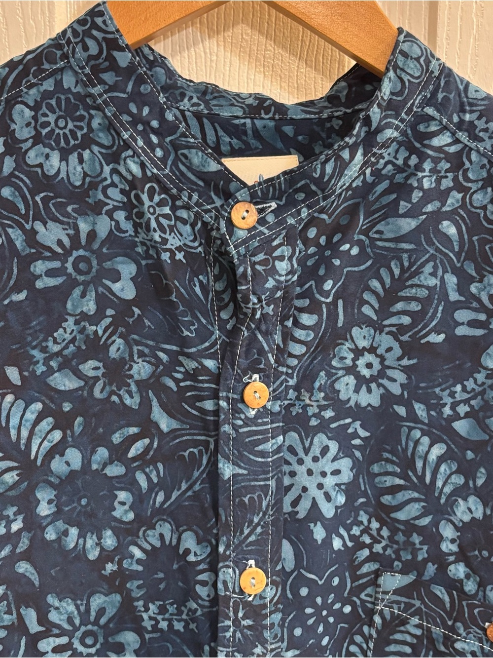 The Territory Ahead Beatnik Batik Shirt XLT Indigo Floral Band Collar Rayon